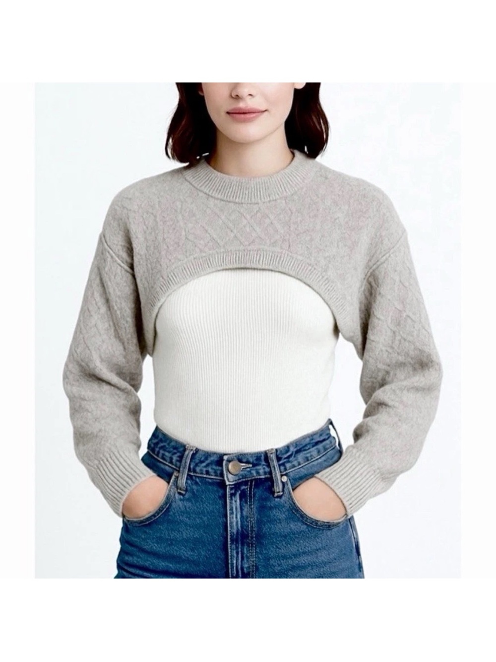 House of Harlow 1960 Ultra Cropped Cable Knit Shrug Sweater SIZE M Heather Gray